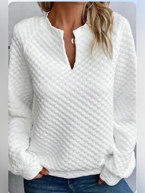 White Quilted Pullover Sweatshirt